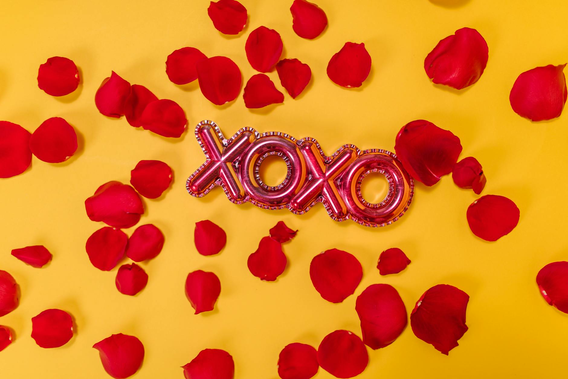 xoxo text and red flower petals